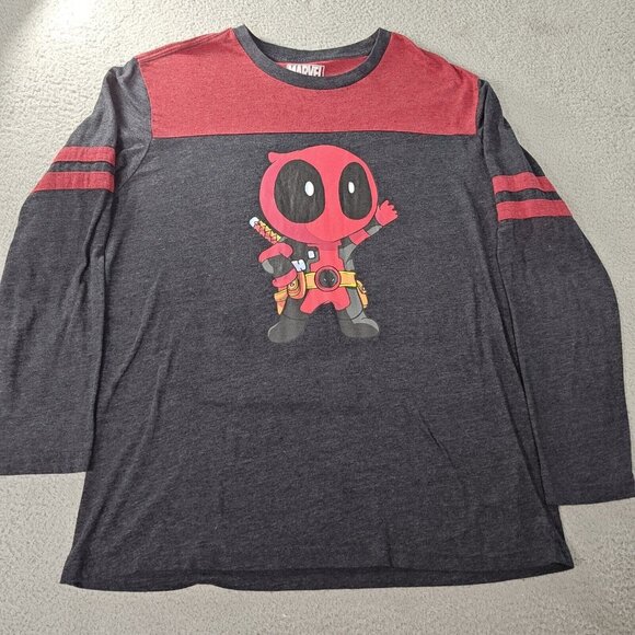 Marvel T-Shirt Mens XL Red and Gray Baby Deadpool Long Sleeve Casual Activewear - Picture 1 of 8